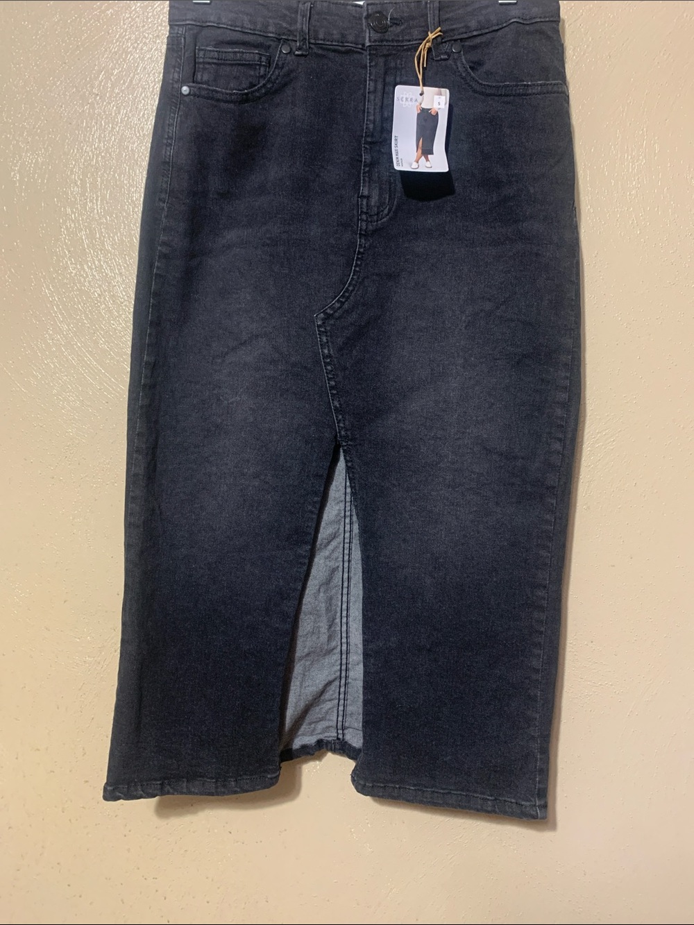 Serra size S Black Denim Maxi Skirt with Front Slit NWT